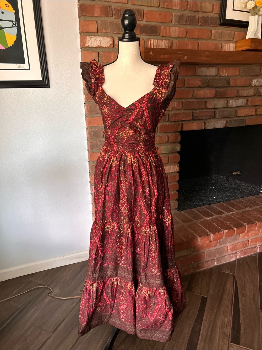 Caroline Constas Floral Print Ruffle Sleeve Maxi Dress in Maroon Red Sz S